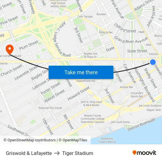 Griswold & Lafayette to Tiger Stadium map