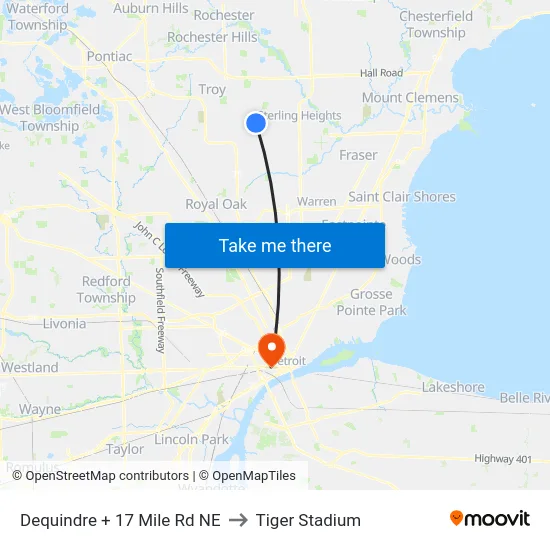 Dequindre + 17 Mile Rd NE to Tiger Stadium map