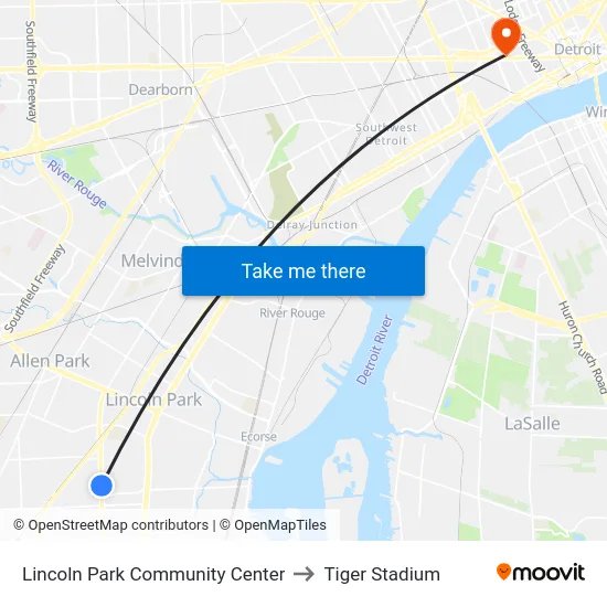 Lincoln Park Community Center to Tiger Stadium map