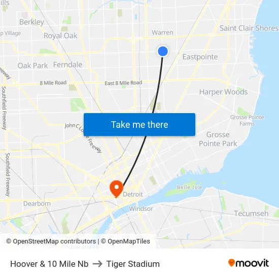 Hoover & 10 Mile Nb to Tiger Stadium map