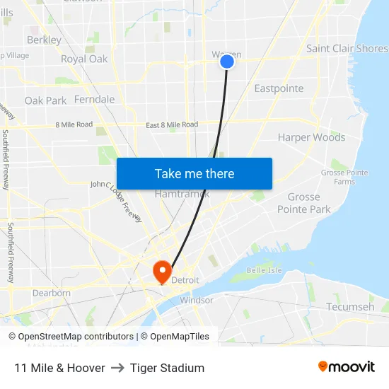 11 Mile & Hoover to Tiger Stadium map