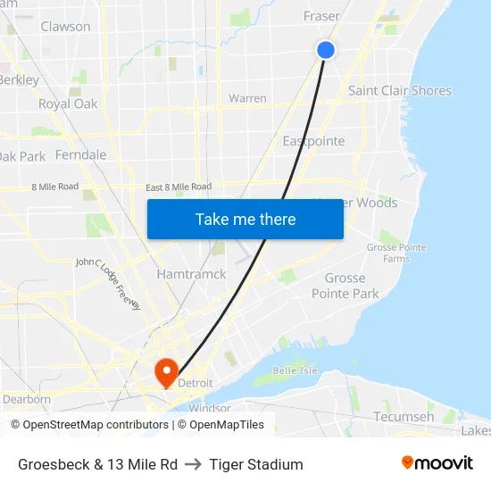 Groesbeck & 13 Mile Rd to Tiger Stadium map