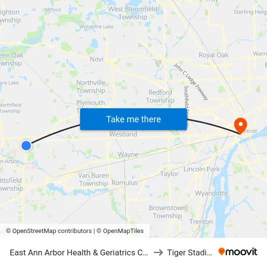 East Ann Arbor Health & Geriatrics Center to Tiger Stadium map