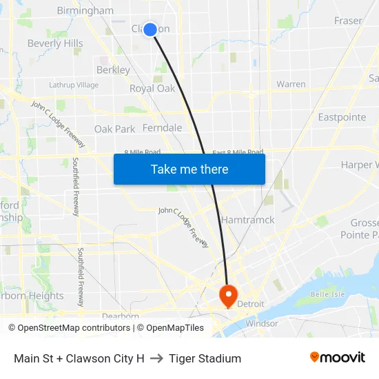Main St + Clawson City H to Tiger Stadium map