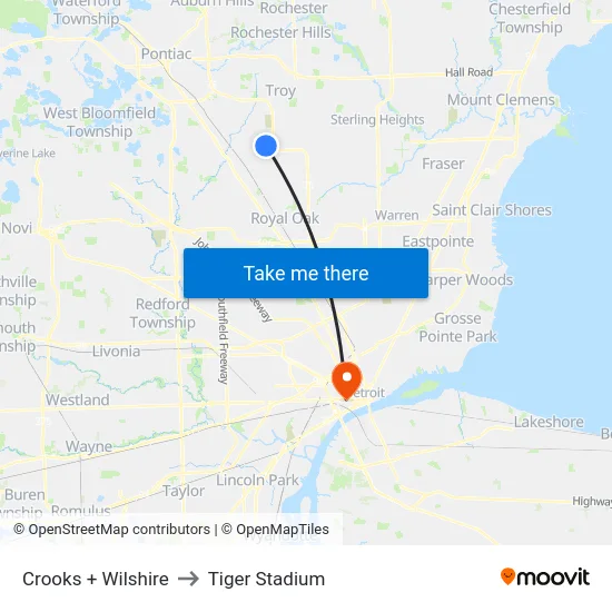 Crooks + Wilshire to Tiger Stadium map