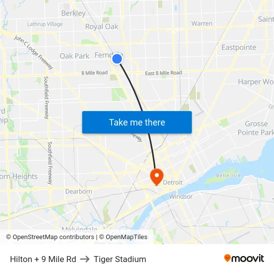 Hilton + 9 Mile Rd to Tiger Stadium map
