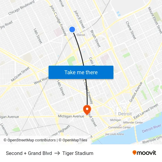 Second + Grand Blvd to Tiger Stadium map