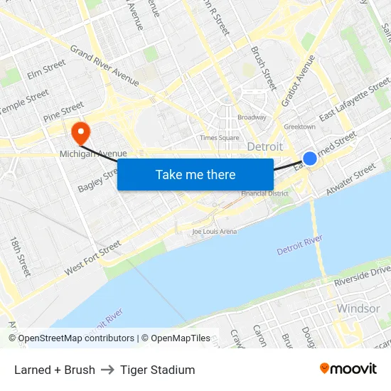 Larned + Brush to Tiger Stadium map
