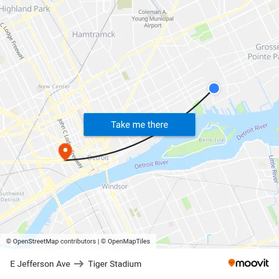 E Jefferson Ave to Tiger Stadium map