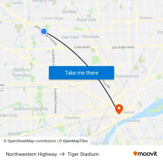 Northwestern Highway to Tiger Stadium map