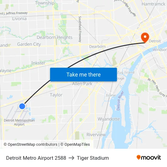 Detroit Metro Airport 2588 to Tiger Stadium map