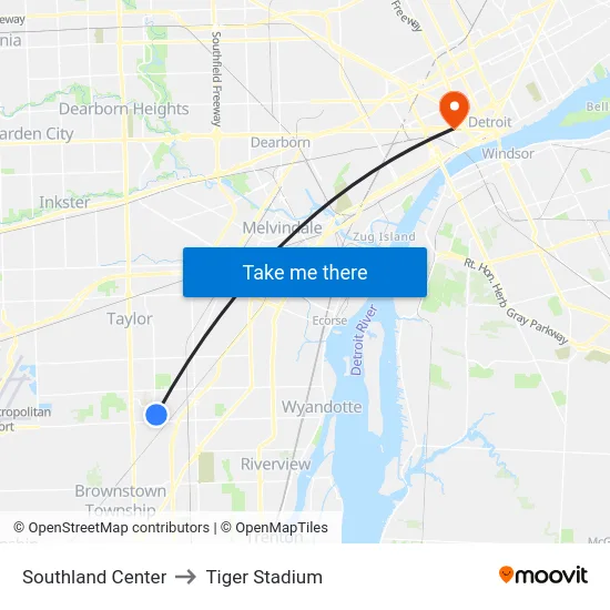Southland Center to Tiger Stadium map