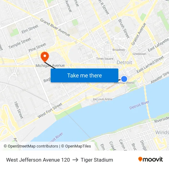 West Jefferson Avenue 120 to Tiger Stadium map