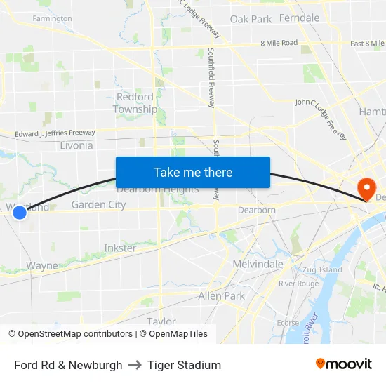 Ford Rd & Newburgh to Tiger Stadium map