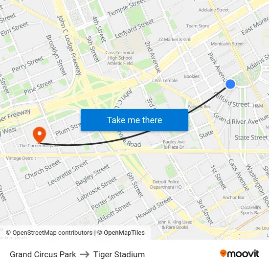 Grand Circus Park to Tiger Stadium map