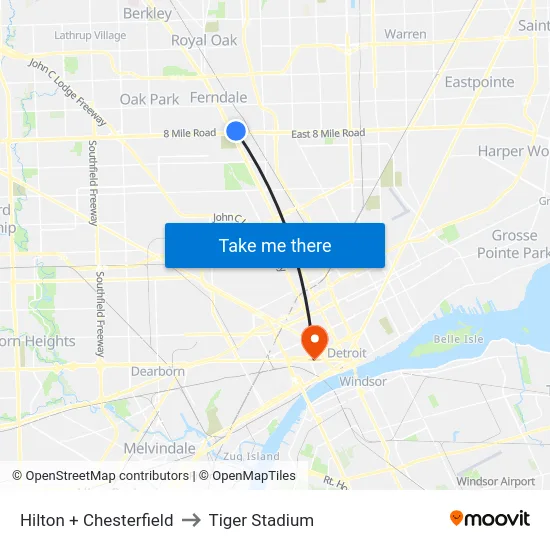 Hilton & Chesterfield to Tiger Stadium map