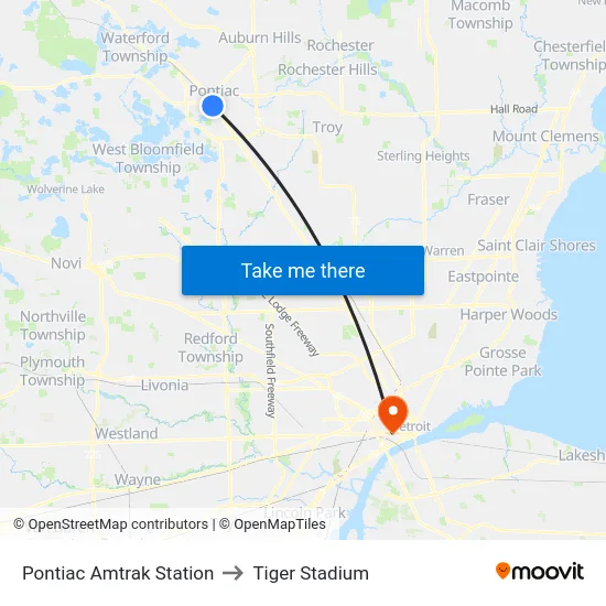 Pontiac Amtrak Station to Tiger Stadium map