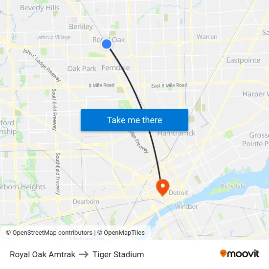 Royal Oak Amtrak to Tiger Stadium map