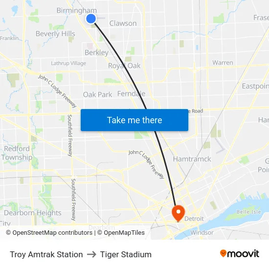 Troy Amtrak Station to Tiger Stadium map