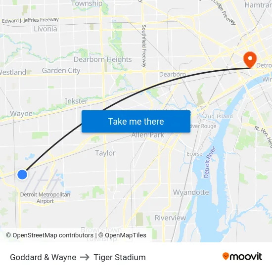 Goddard & Wayne to Tiger Stadium map