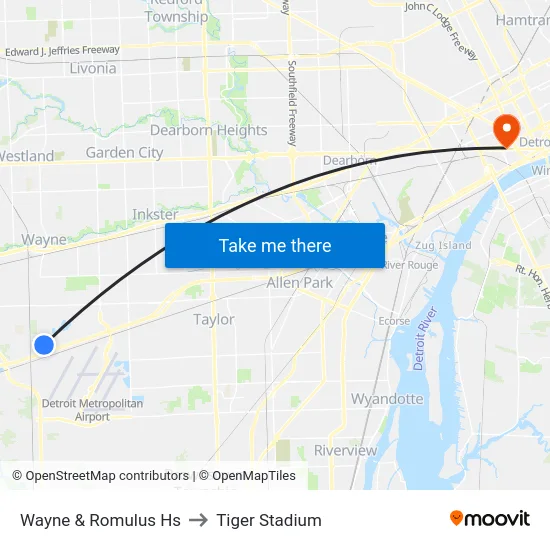 Wayne & Romulus Hs to Tiger Stadium map