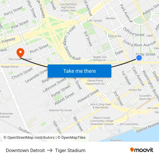 Downtown Detroit to Tiger Stadium map