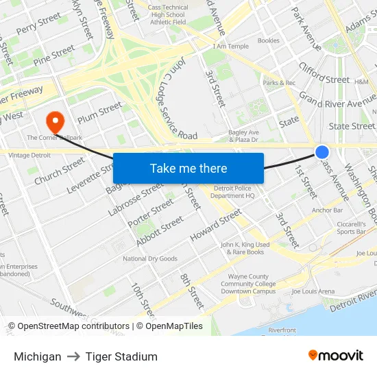 Michigan to Tiger Stadium map
