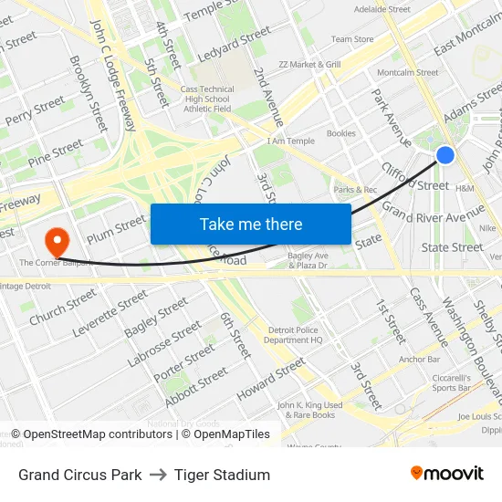 Grand Circus Park to Tiger Stadium map