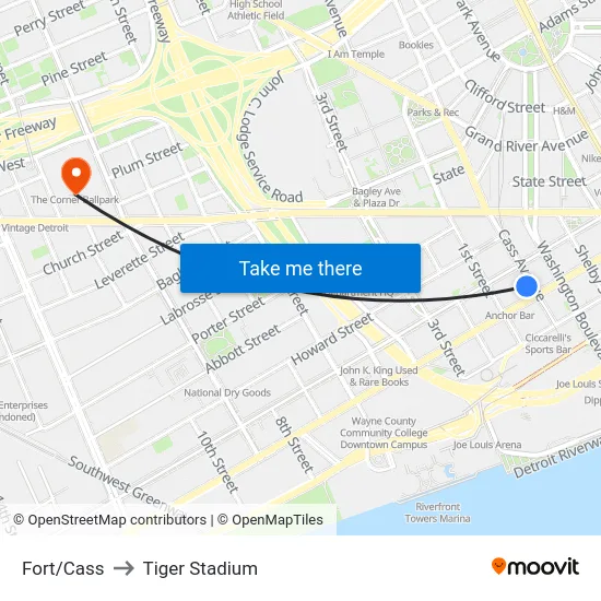 Fort/Cass to Tiger Stadium map