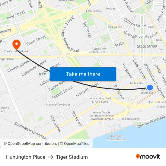 Huntington Place to Tiger Stadium map