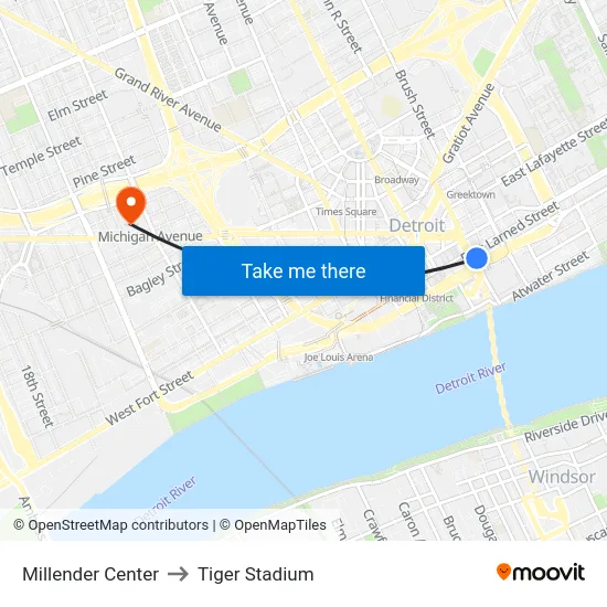 Millender Center to Tiger Stadium map