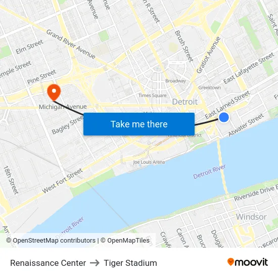 Renaissance Center to Tiger Stadium map