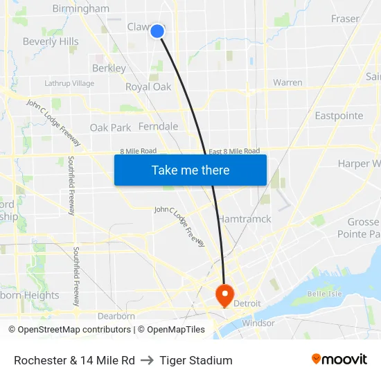 Rochester @ 14 Mile to Tiger Stadium map
