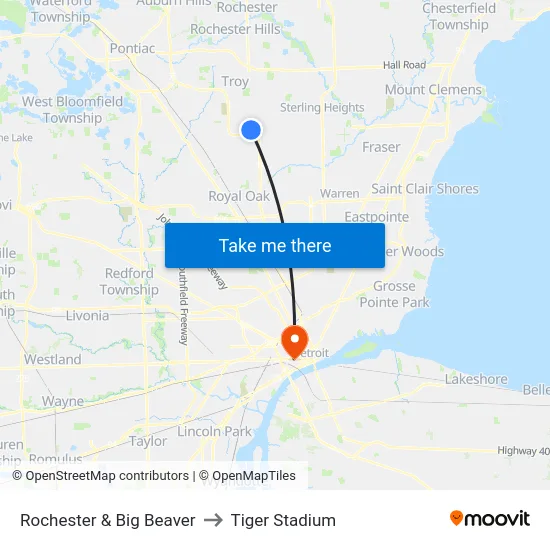 Rochester & Big Beaver to Tiger Stadium map