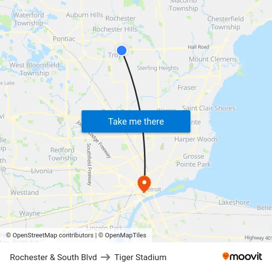 Rochester & South Blvd to Tiger Stadium map