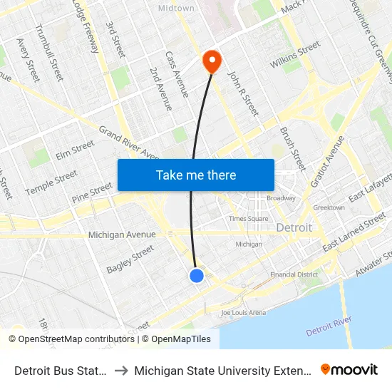 Detroit Bus Station to Michigan State University Extension map