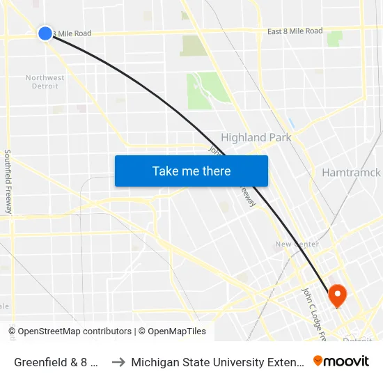 Greenfield & 8 Mile to Michigan State University Extension map