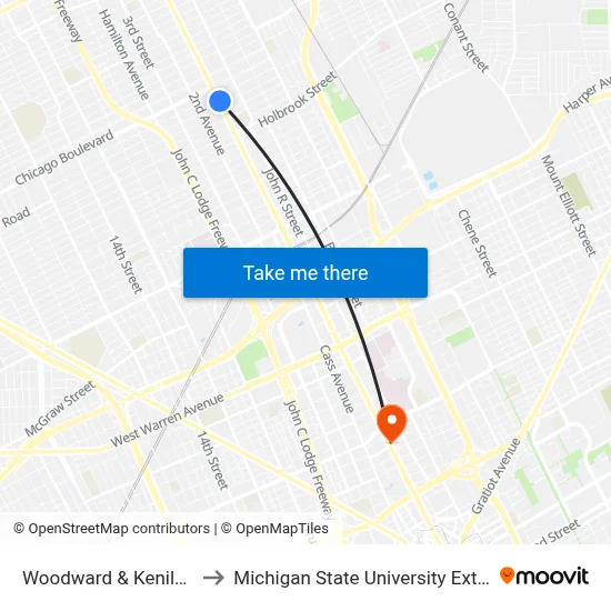 Woodward & Kenilworth to Michigan State University Extension map