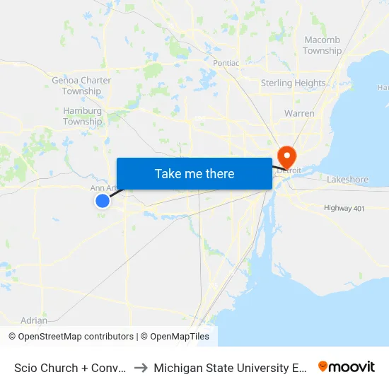 Scio Church + Convington to Michigan State University Extension map
