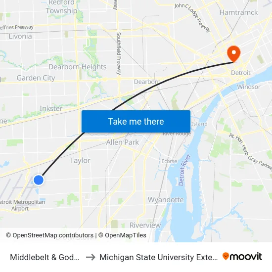 Middlebelt & Goddard to Michigan State University Extension map