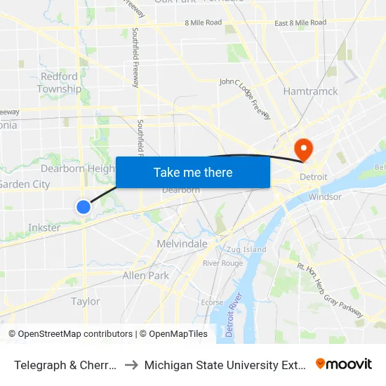 Telegraph & Cherry Hill to Michigan State University Extension map