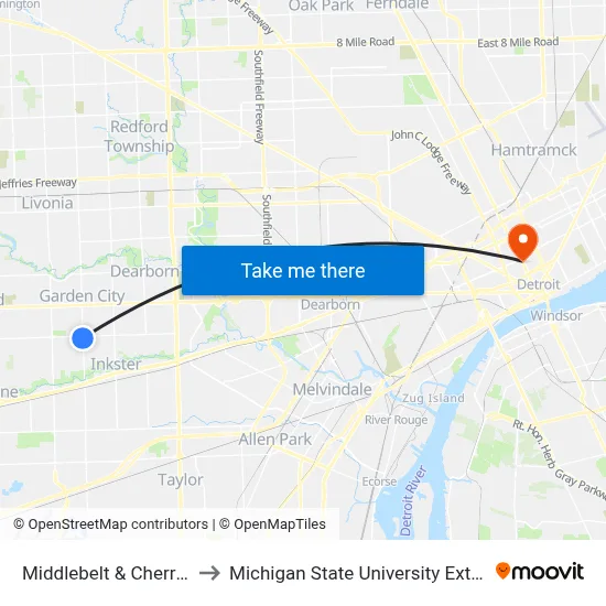 Middlebelt & Cherry Hill to Michigan State University Extension map