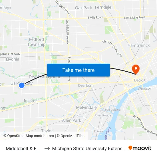 Middlebelt & Ford to Michigan State University Extension map