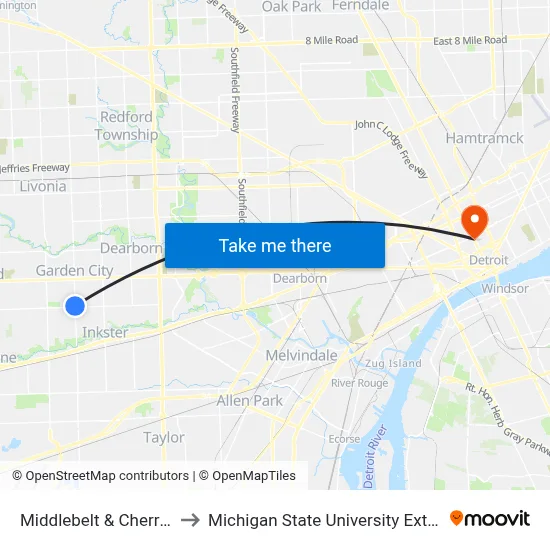 Middlebelt & Cherry Hill to Michigan State University Extension map