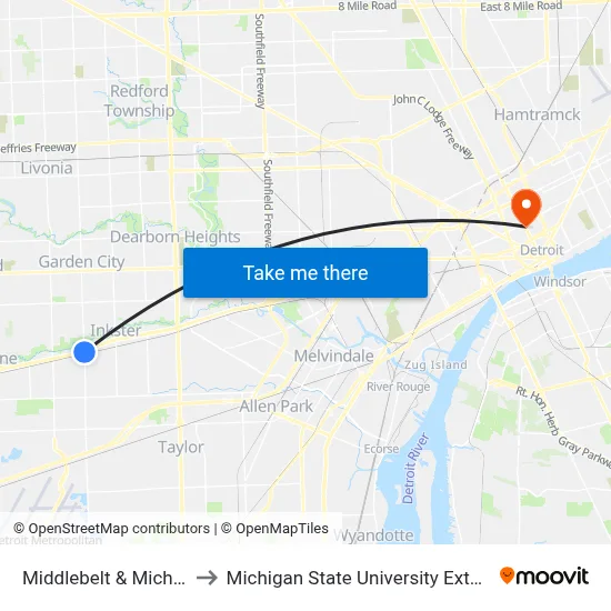 Middlebelt & Michigan to Michigan State University Extension map