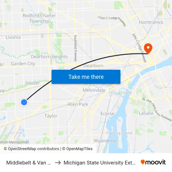 Middlebelt & Van Born to Michigan State University Extension map