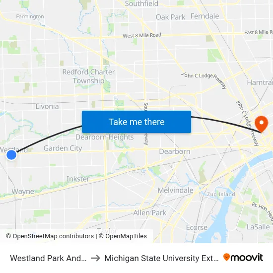 Westland Park And Ride to Michigan State University Extension map