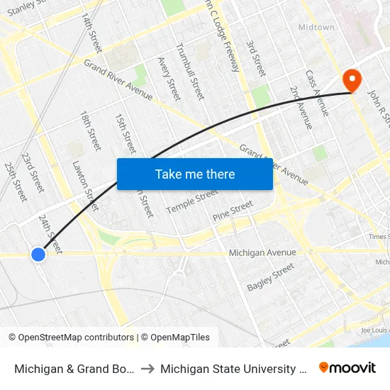 Michigan & Grand Boulevard to Michigan State University Extension map