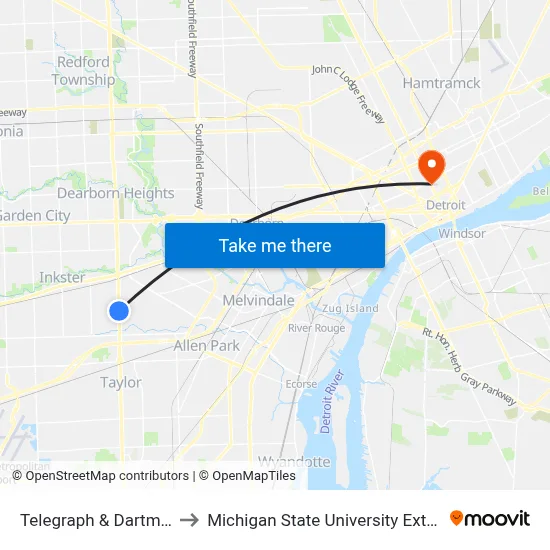 Telegraph & Dartmouth to Michigan State University Extension map