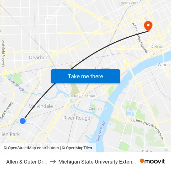 Allen & Outer Drive to Michigan State University Extension map